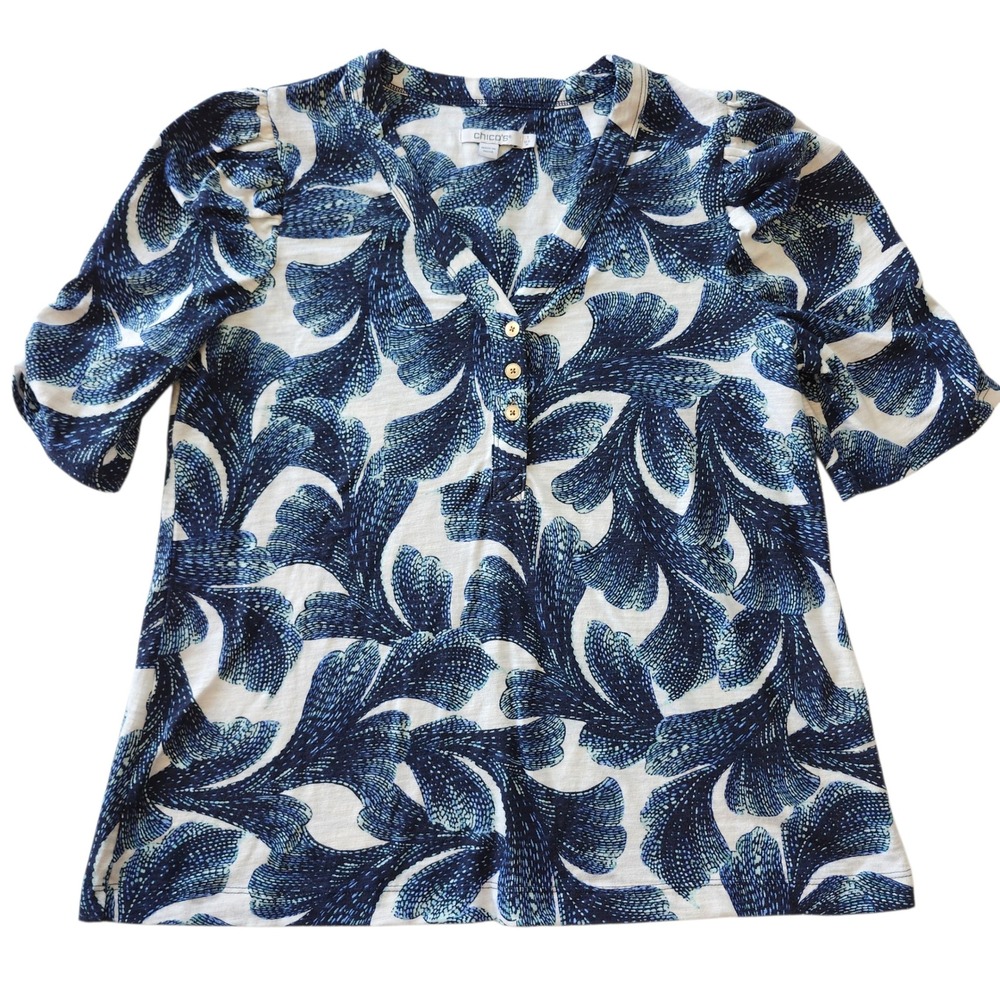 Chicos Blue White Botanical Leaf Henley Top Shirt Cotton Modal Size 1 Medium